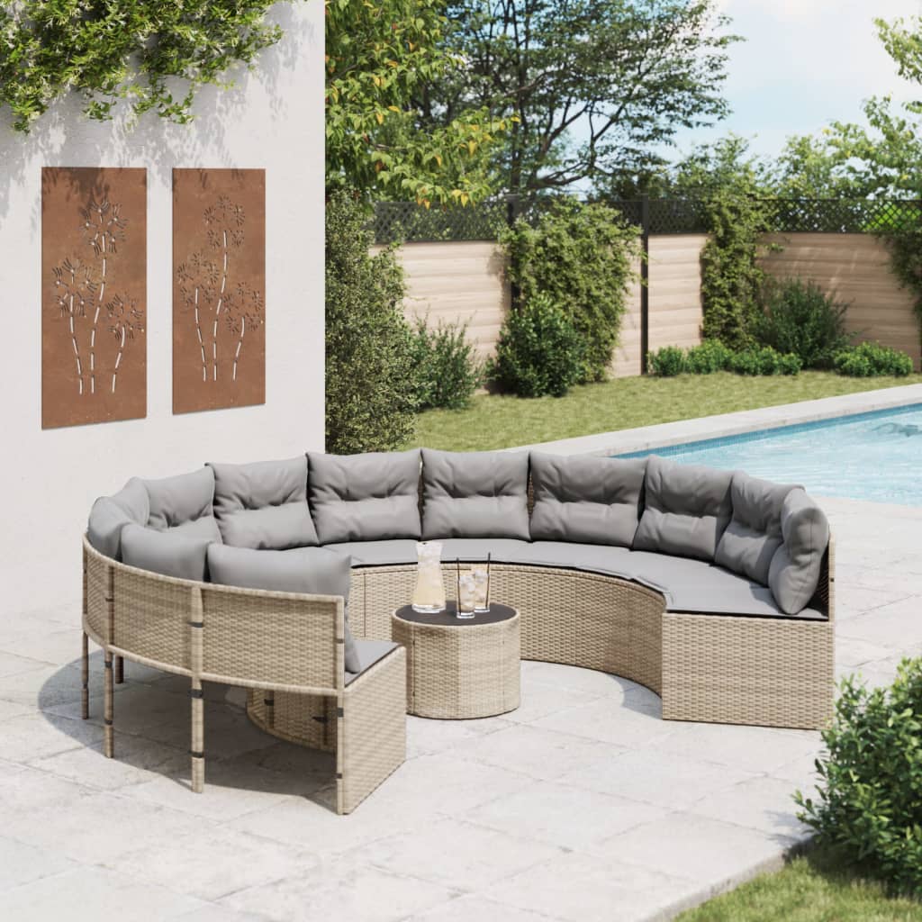 Gartensofa mit Tisch und Kissen Rund Beige Poly-Rattan