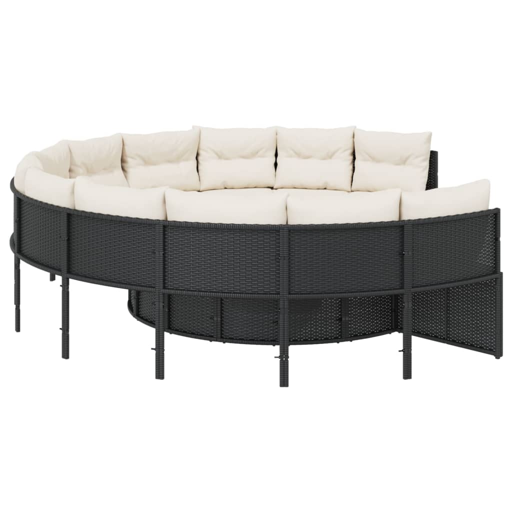 Gartensofa mit Tisch und Kissen Rund Schwarz Poly-Rattan