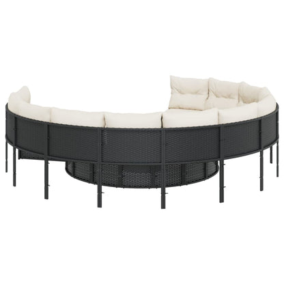 Gartensofa mit Tisch und Kissen Rund Schwarz Poly-Rattan