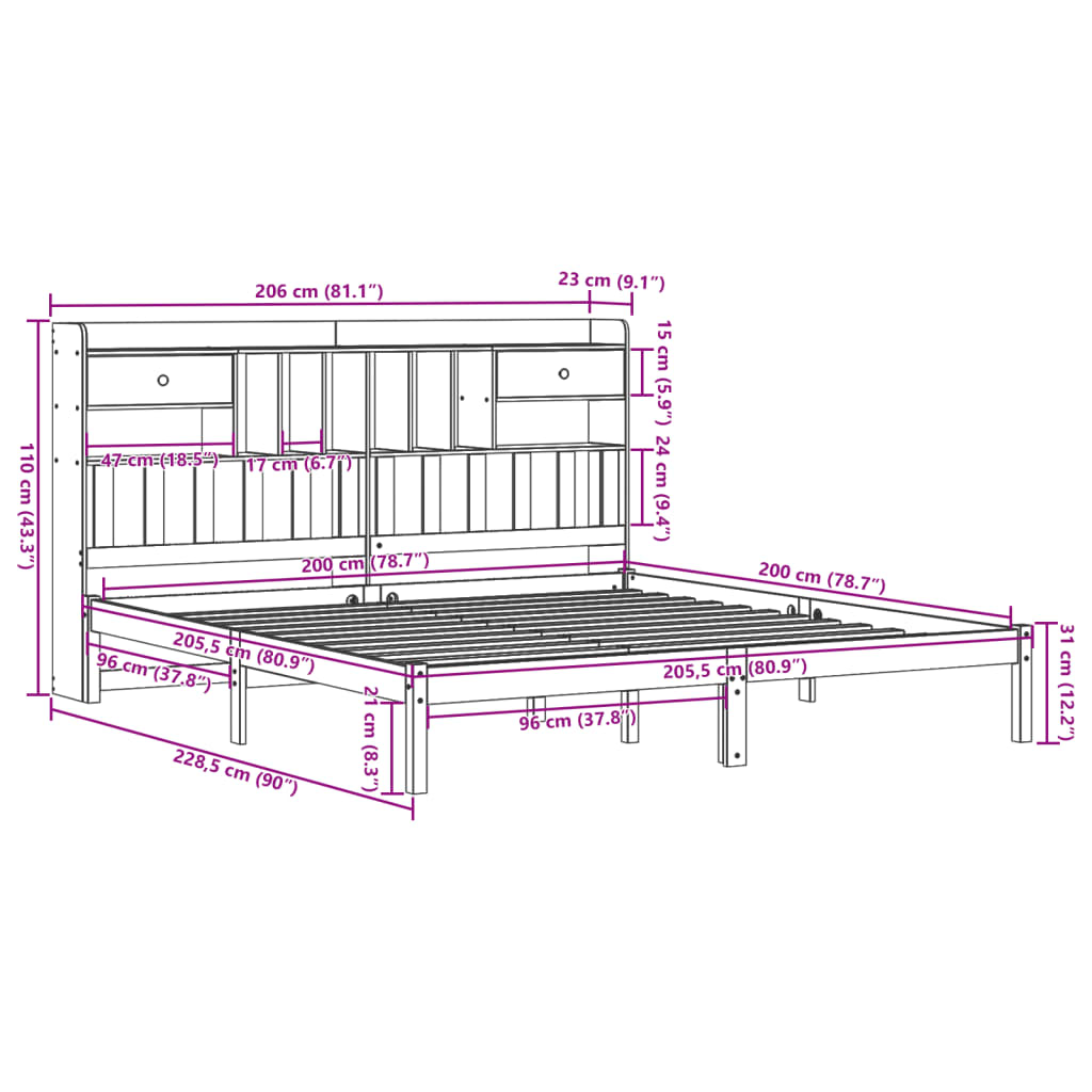 Massivholzbett mit Regal ohne Matratze Wachsbraun 200x200 cm