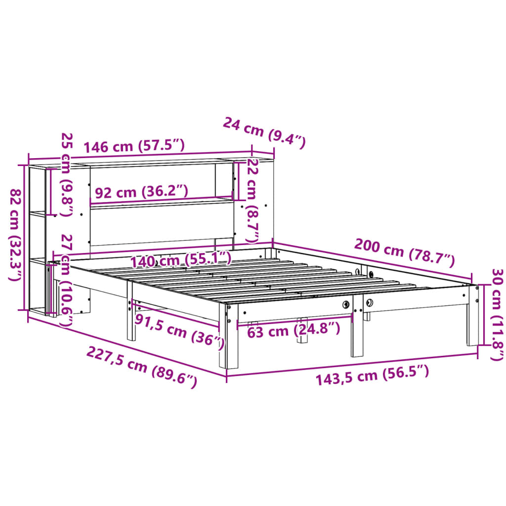 Massivholzbett mit Regal ohne Matratze Wachsbraun 140x200 cm