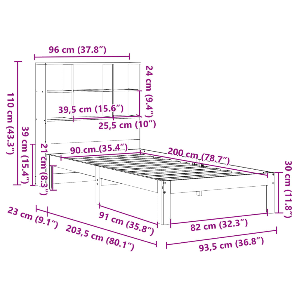 Massivholzbett mit Regal ohne Matratze 90x200 cm Kiefer