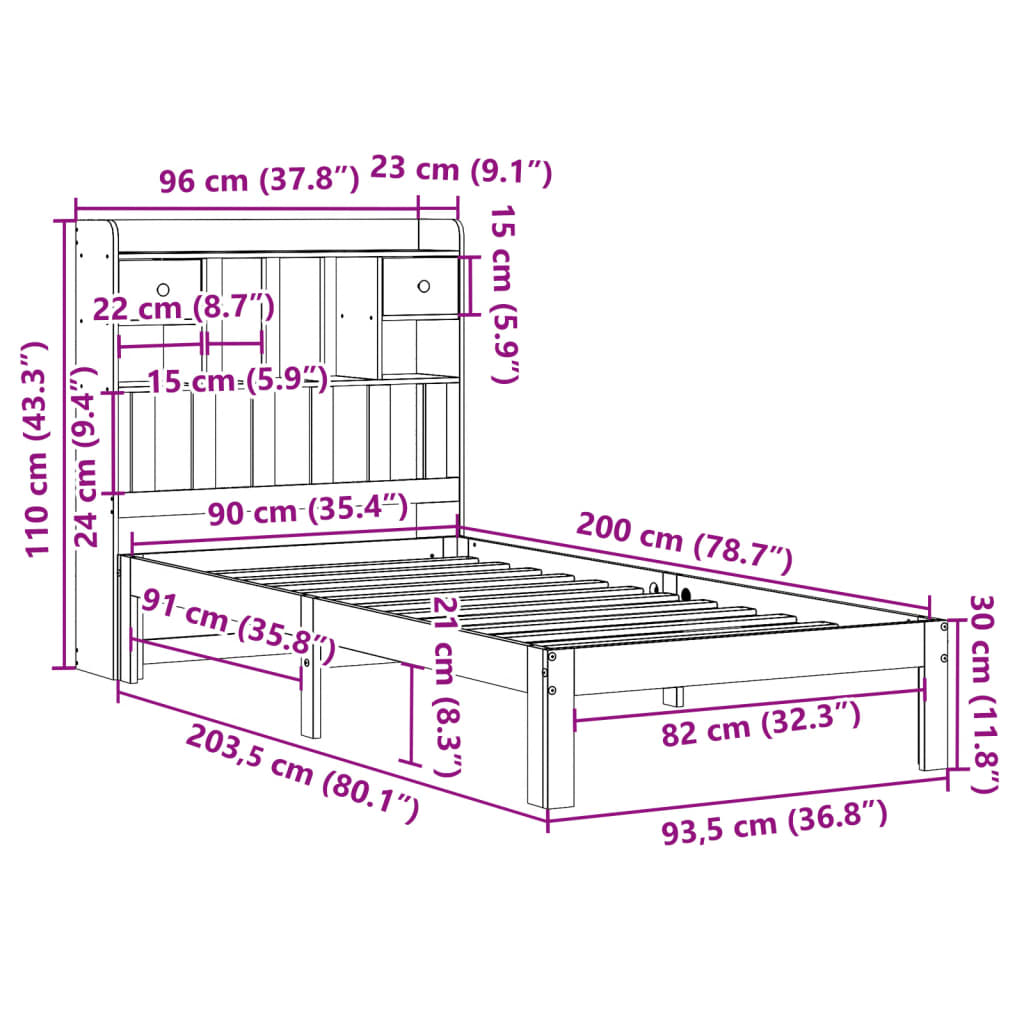 Massivholzbett mit Regal ohne Matratze 90x200 cm Kiefer