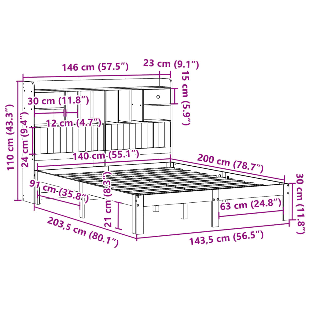 Massivholzbett mit Regal ohne Matratze Wachsbraun 140x200 cm