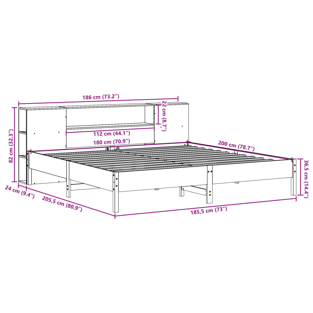 Massivholzbett mit Regal ohne Matratze Wachsbraun 180x200 cm