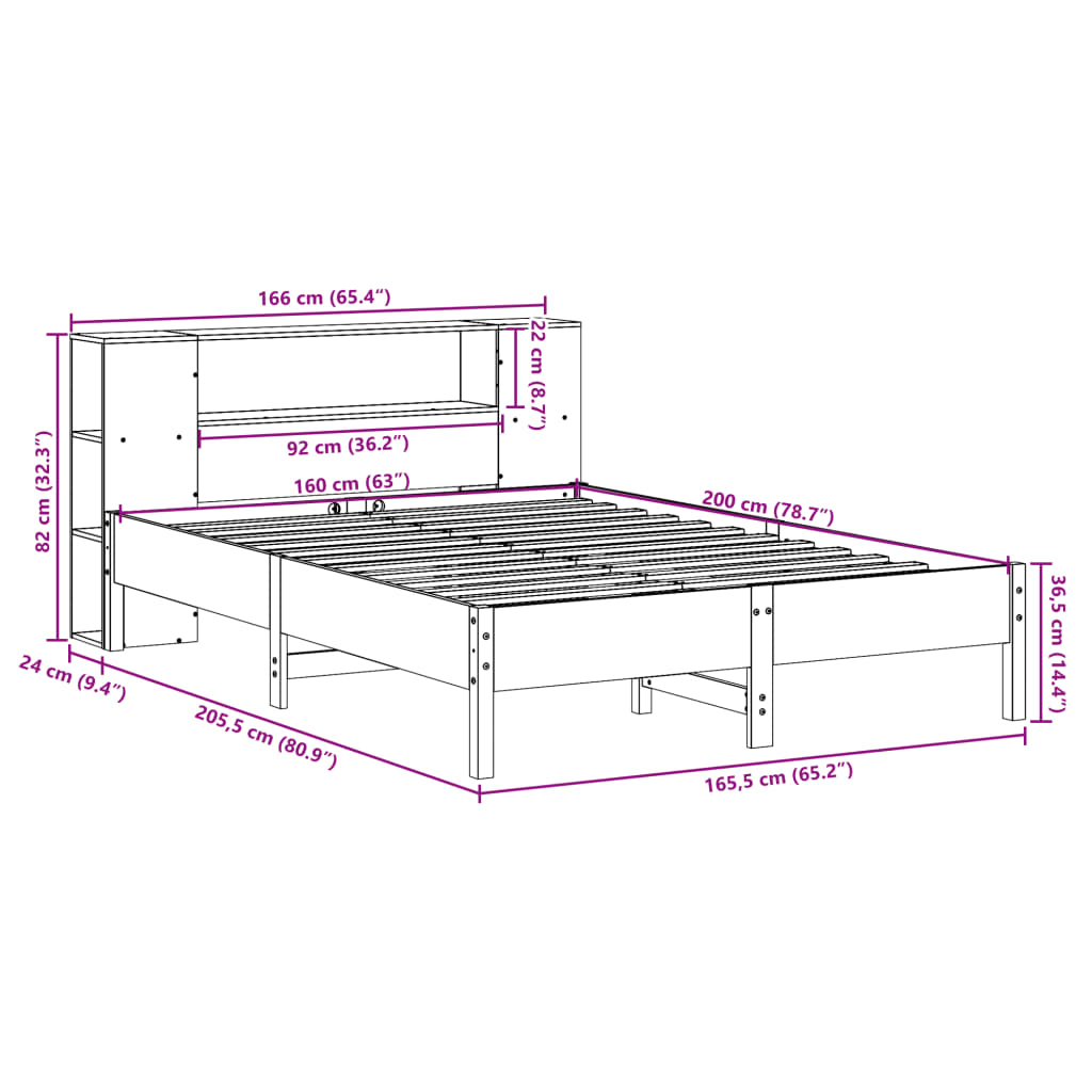 Massivholzbett mit Regal ohne Matratze Wachsbraun 160x200 cm