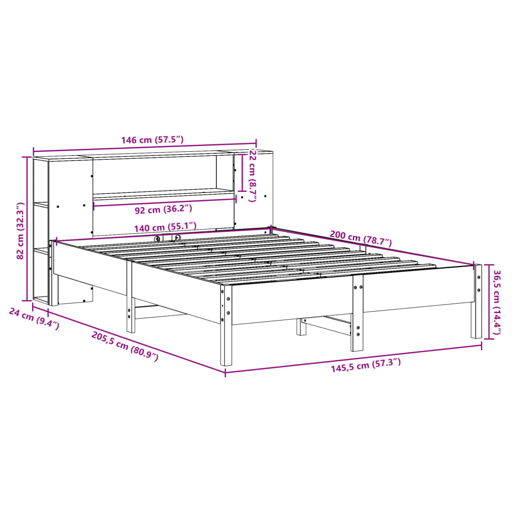 Massivholzbett mit Regal ohne Matratze Wachsbraun 140x200 cm