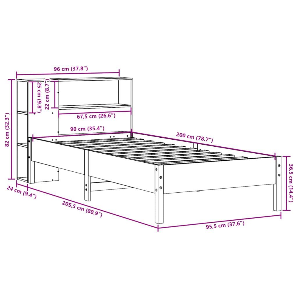 Massivholzbett mit Regal ohne Matratze Wachsbraun 90x200 cm