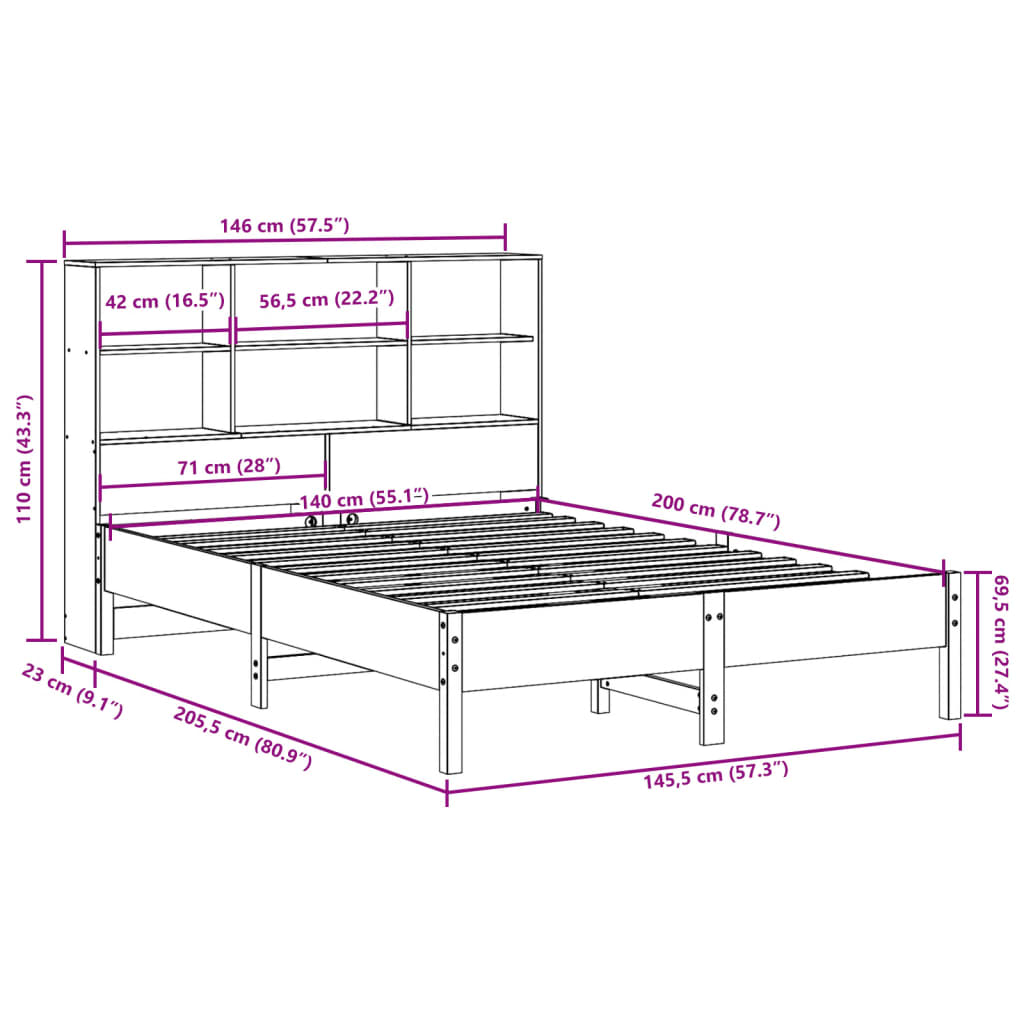 Massivholzbett mit Regal ohne Matratze Wachsbraun 140x200 cm