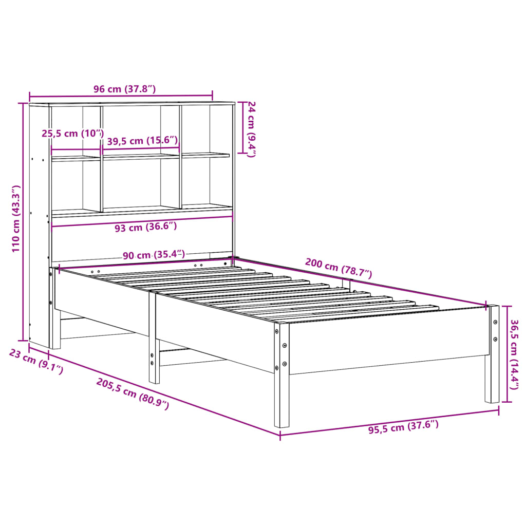 Massivholzbett mit Regal ohne Matratze 90x200 cm Kiefer