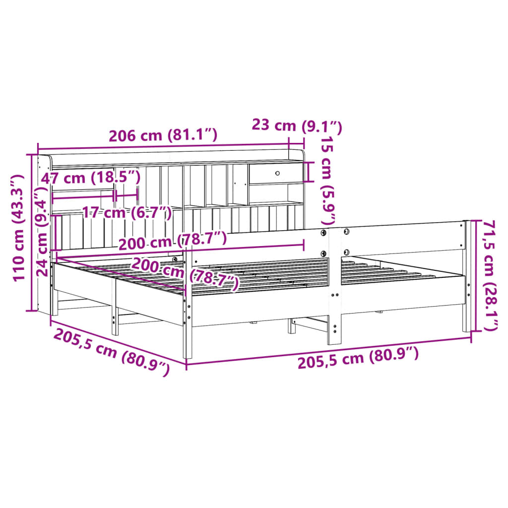 Massivholzbett mit Regal ohne Matratze 200x200 cm Kiefer