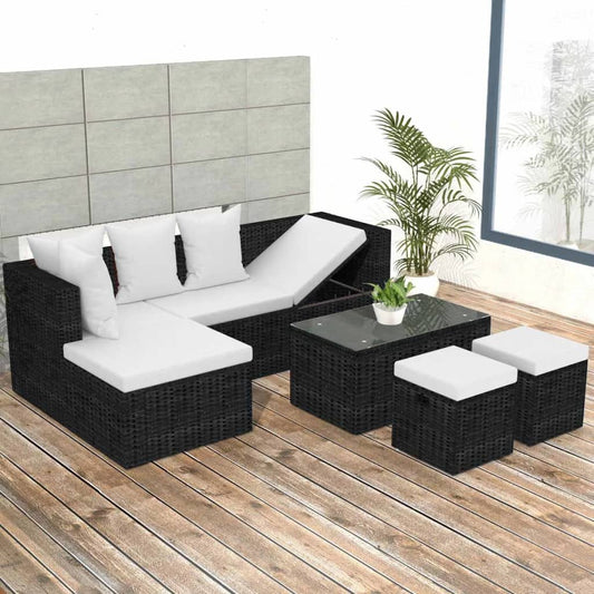 4-piece garden lounge set with cushions poly rattan black