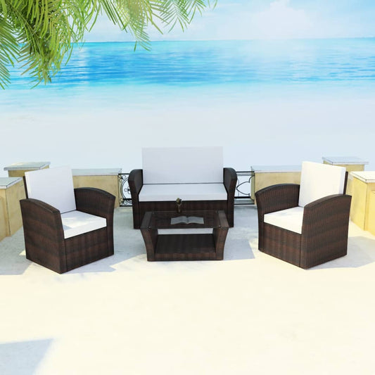 4-piece garden lounge set with cushions poly rattan brown