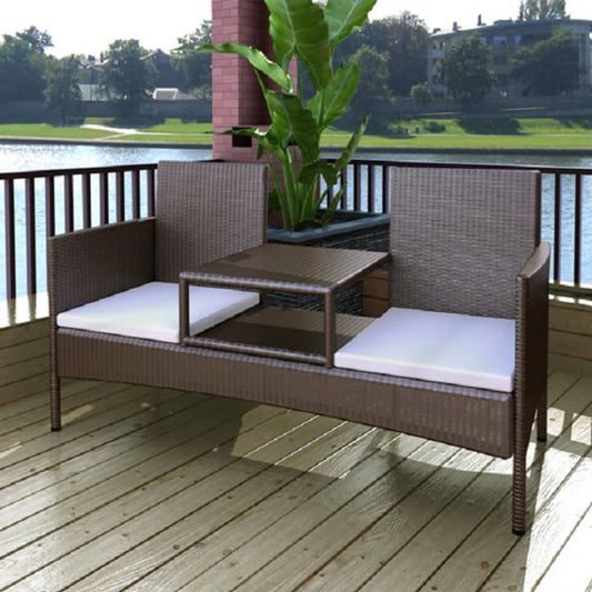 Garden sofa 2-seater with tea table poly rattan brown