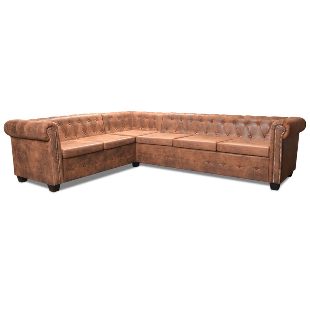 Chesterfield corner sofa 6-seater faux leather brown