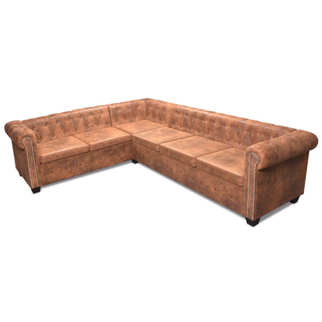 Chesterfield corner sofa 6-seater faux leather brown
