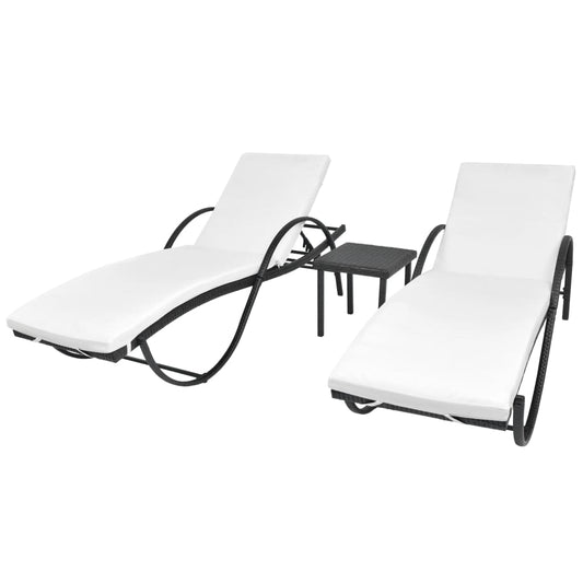 Sun loungers 2 pcs with table poly rattan black