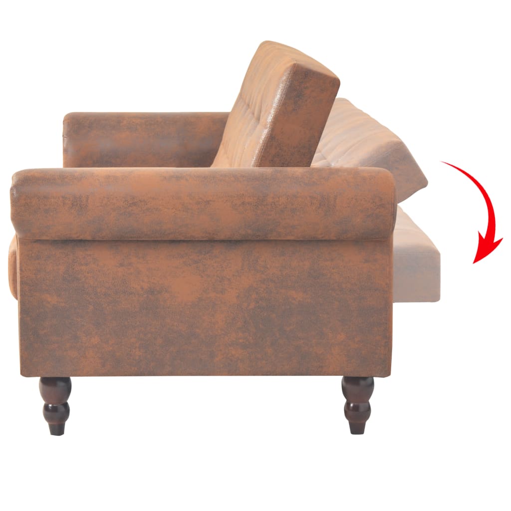 2-seater sofa bed with armrests artificial suede brown
