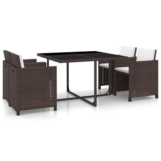 5-piece garden dining set with cushions poly rattan brown