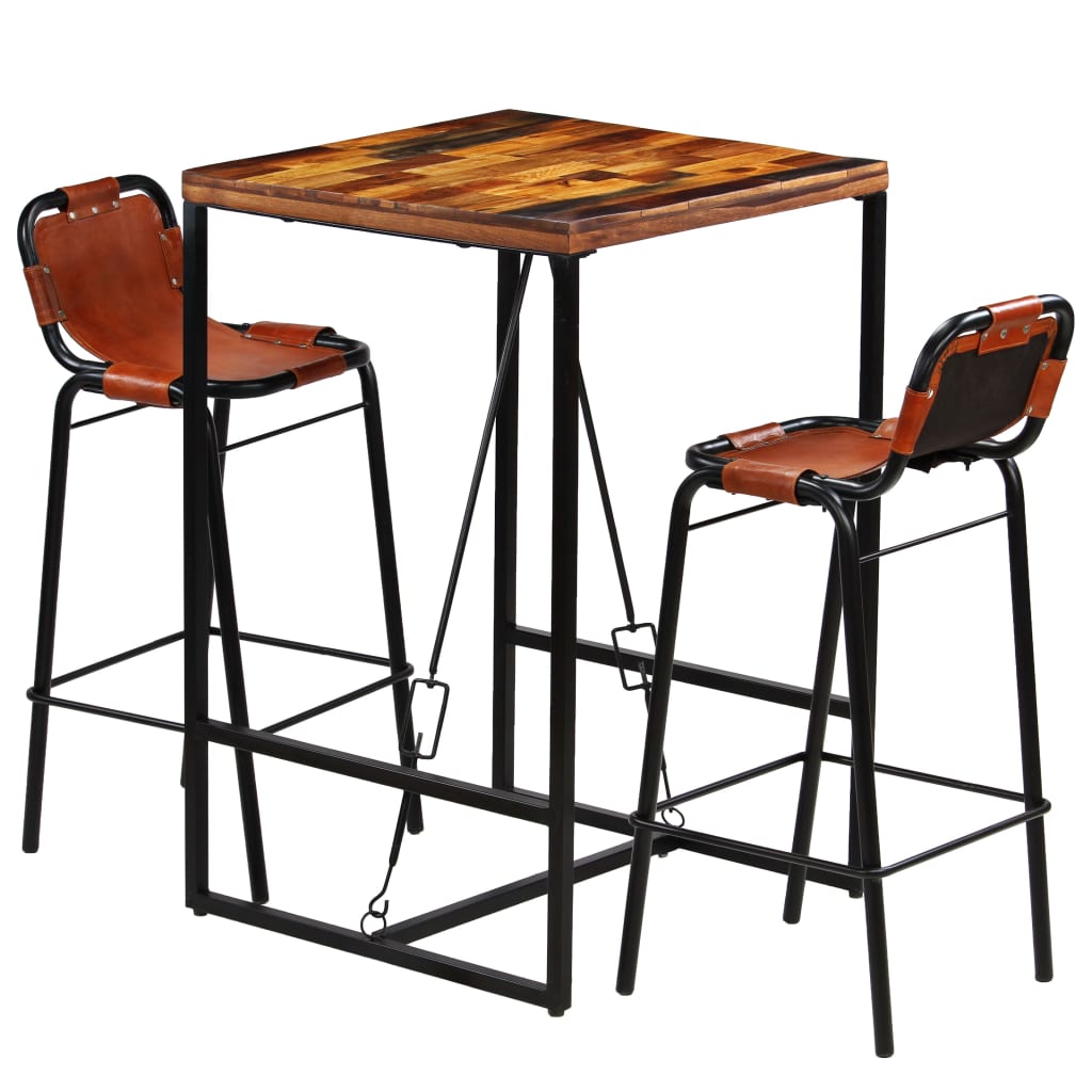 Bar set 3-piece solid reclaimed wood and genuine goat leather