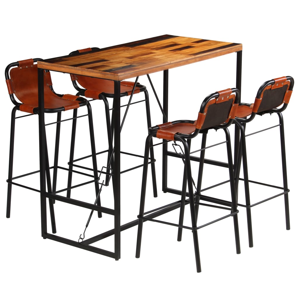 Bar set 5-piece solid reclaimed wood and genuine goat leather