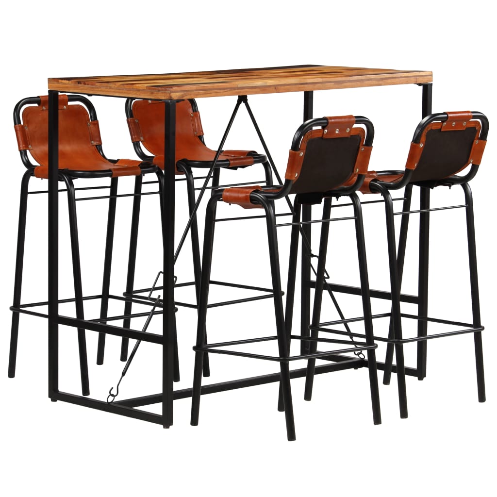 Bar set 5-piece solid reclaimed wood and genuine goat leather