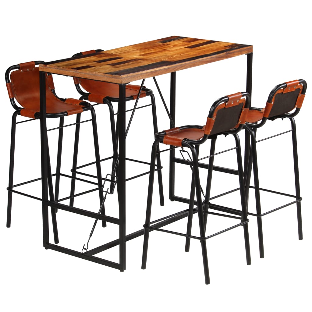 Bar set 5-piece solid reclaimed wood and genuine goat leather