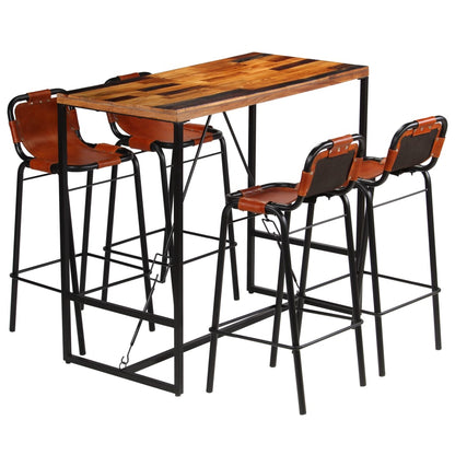 Bar set 5-piece solid reclaimed wood and genuine goat leather