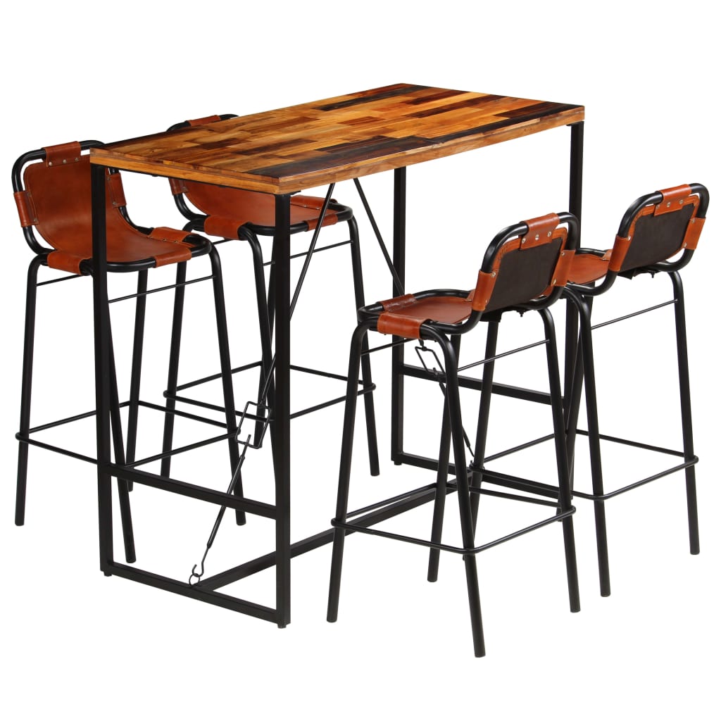 Bar set 5-piece solid reclaimed wood and genuine goat leather