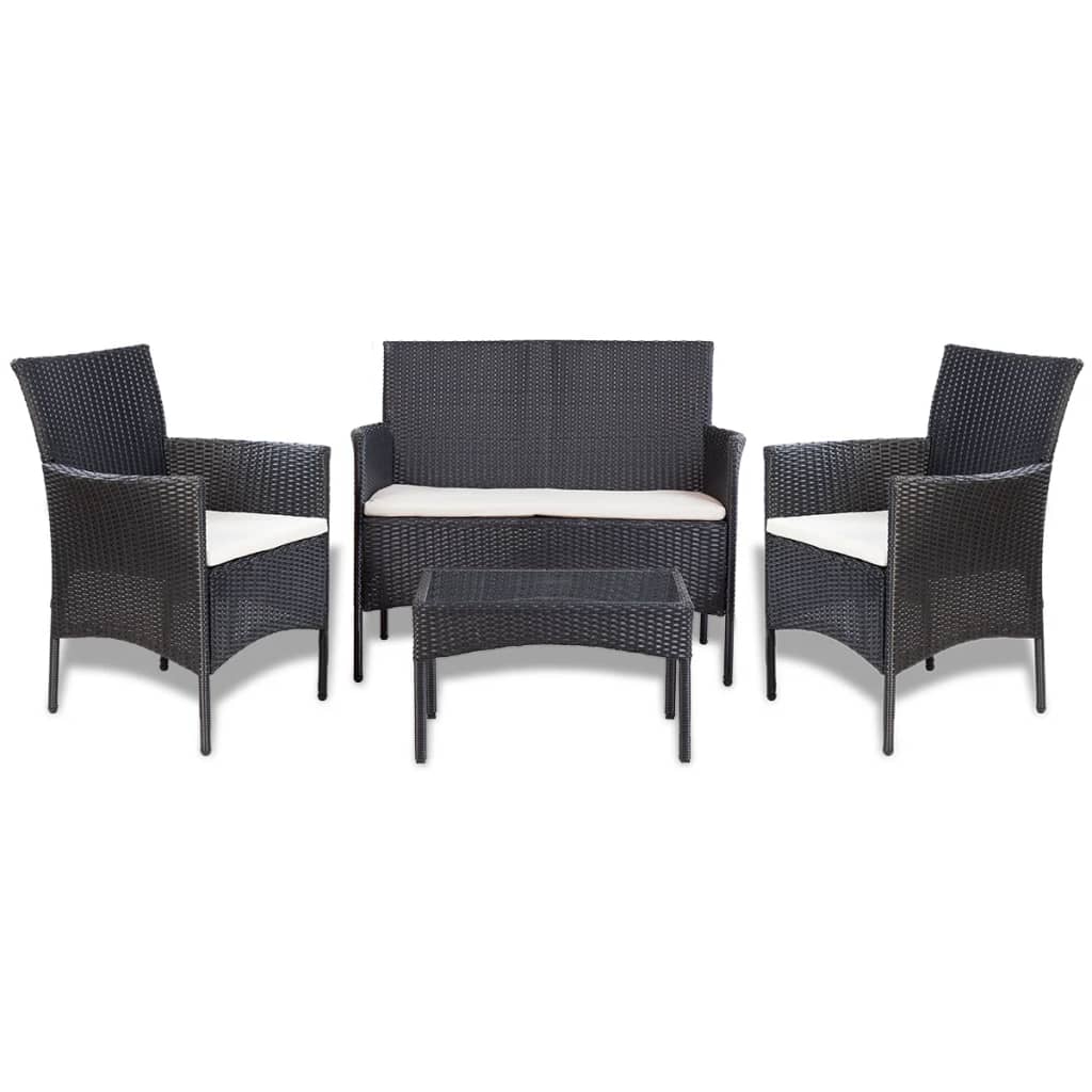 4-tlg. Garten-Lounge-Set mit Auflagen Poly Rattan Schwarz