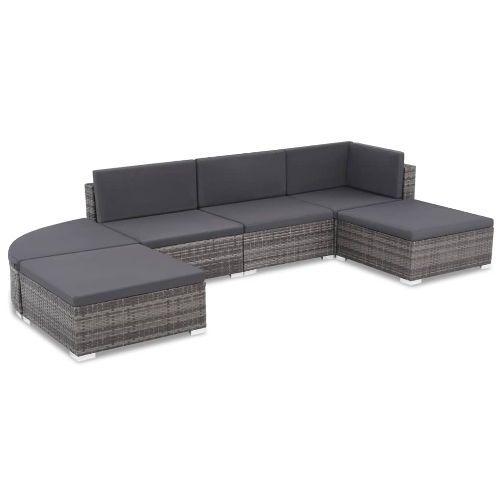 6-piece garden lounge set with cushions poly rattan grey