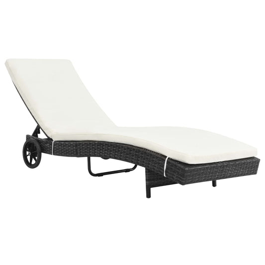 Sun lounger with wheels and cushion poly rattan black
