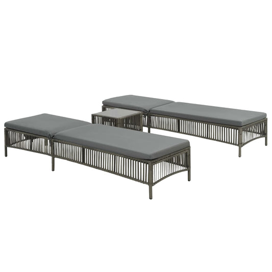 Sun loungers 2 pcs with table poly rattan grey