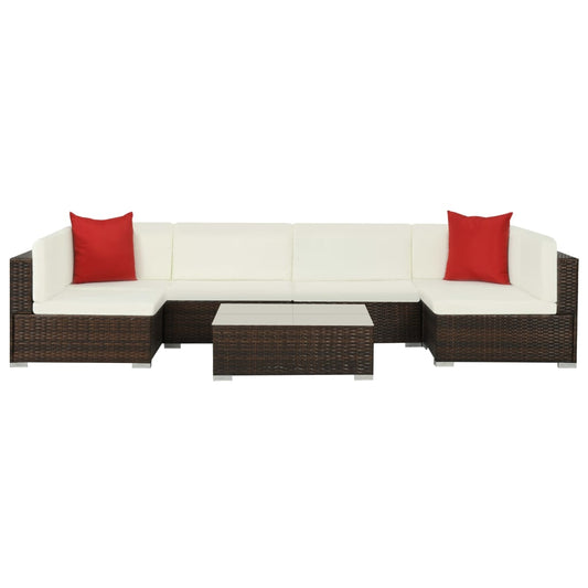 7-piece garden lounge set with cushions poly rattan brown