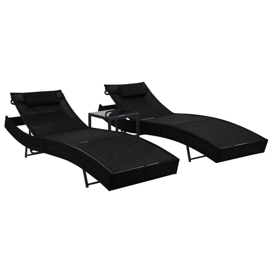 Sun loungers 2 pcs. with table poly rattan and textilene black