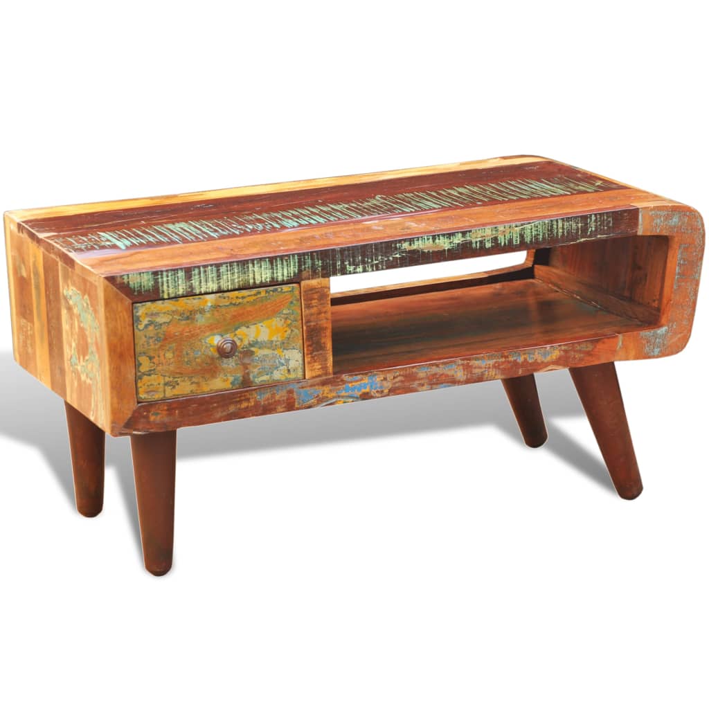 Coffee table with rounded side &amp; 1 drawer reclaimed wood