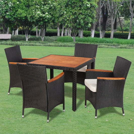 5-piece garden dining set with cushions poly rattan black