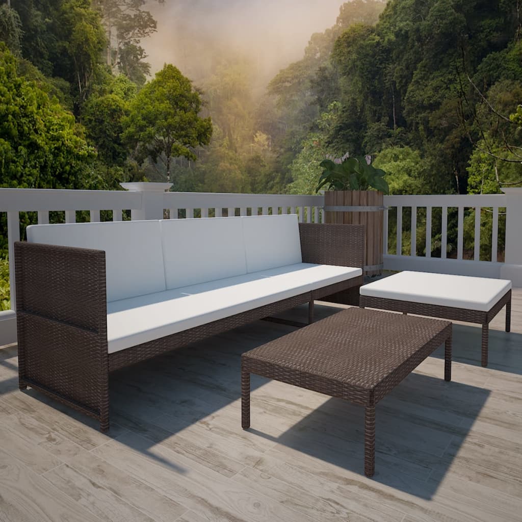 3-piece garden lounge set with cushions poly rattan brown