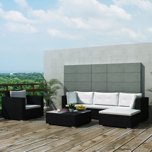 6-piece garden lounge set with cushions poly rattan black