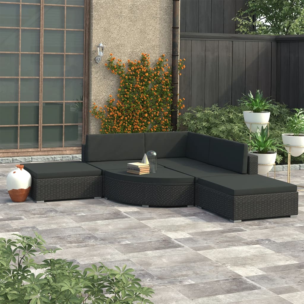 6-piece garden lounge set with cushions poly rattan black