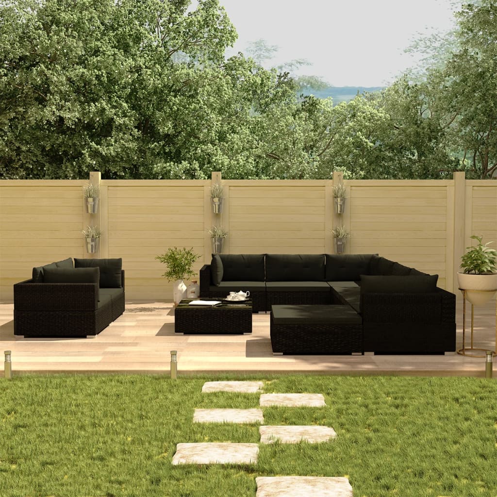 10-piece garden lounge set with cushions poly rattan black