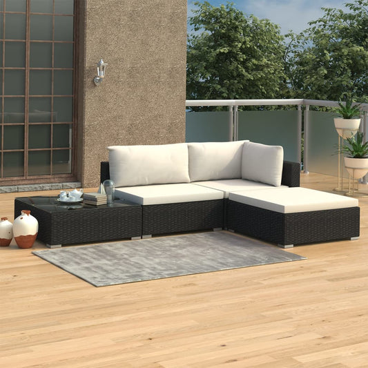 4-piece garden lounge set with cushions poly rattan black