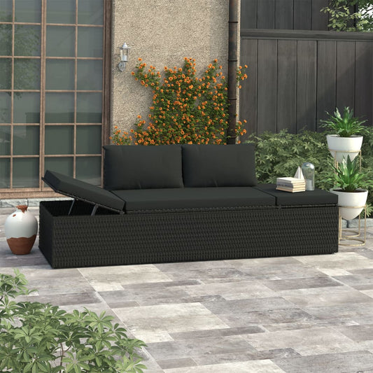 Sun lounger with cushion poly rattan black