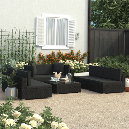 7-piece garden lounge set black with poly rattan cushions