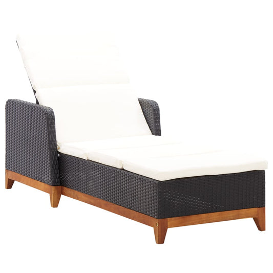 Sun lounger poly rattan and solid acacia wood black