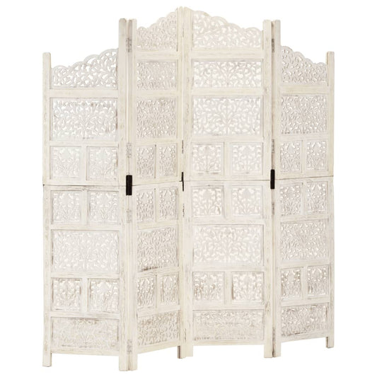 4tlg. Raumteiler Handgeschnitzt Weiß 160×165cm Mango Massivholz