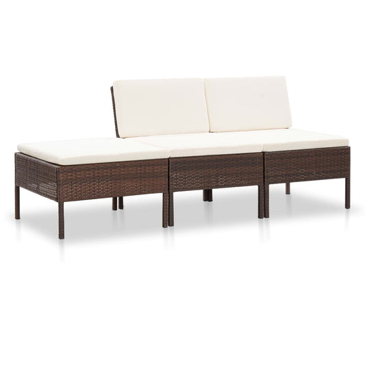 3-piece garden lounge set with cushions poly rattan brown