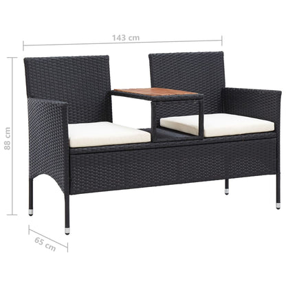 2-seater garden bench with tea table 143 cm poly rattan black