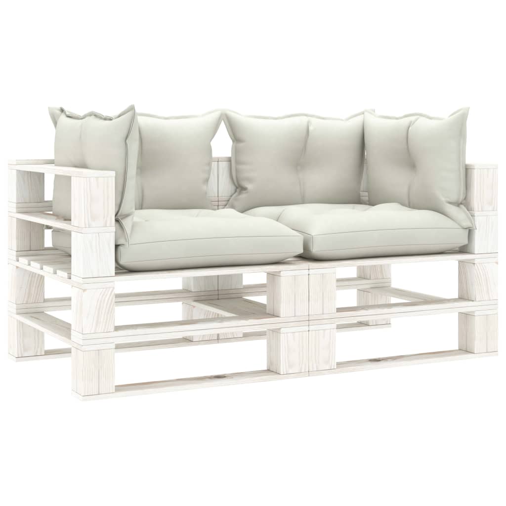 Garden pallet sofa 2-seater with cushions in beige wood