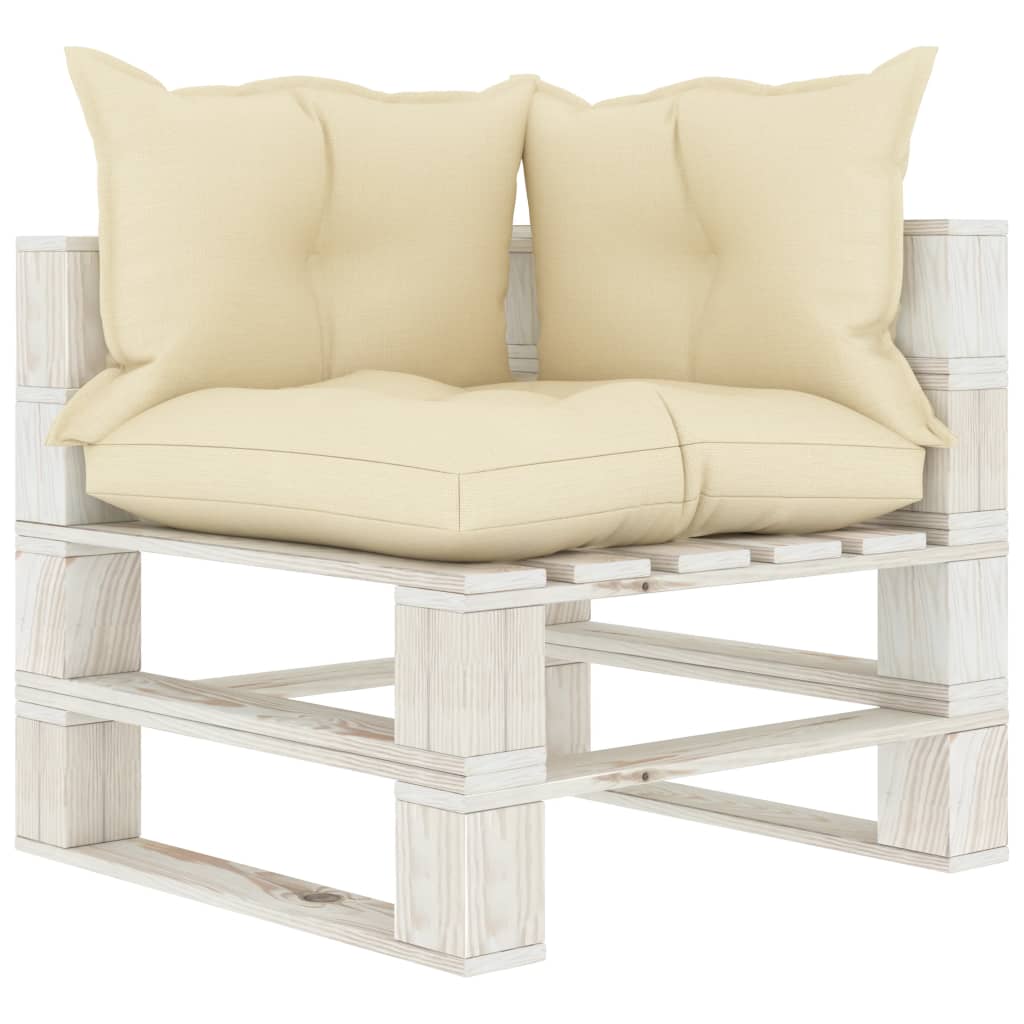 Garden pallet corner sofa with cushions in cream wood